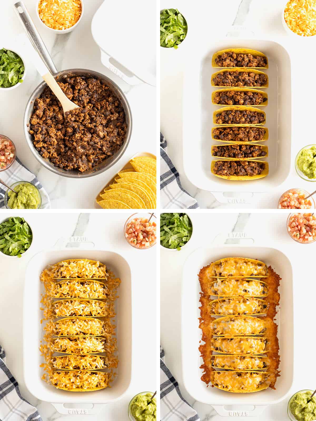 Steps to make turkey and black bean baked tacos.