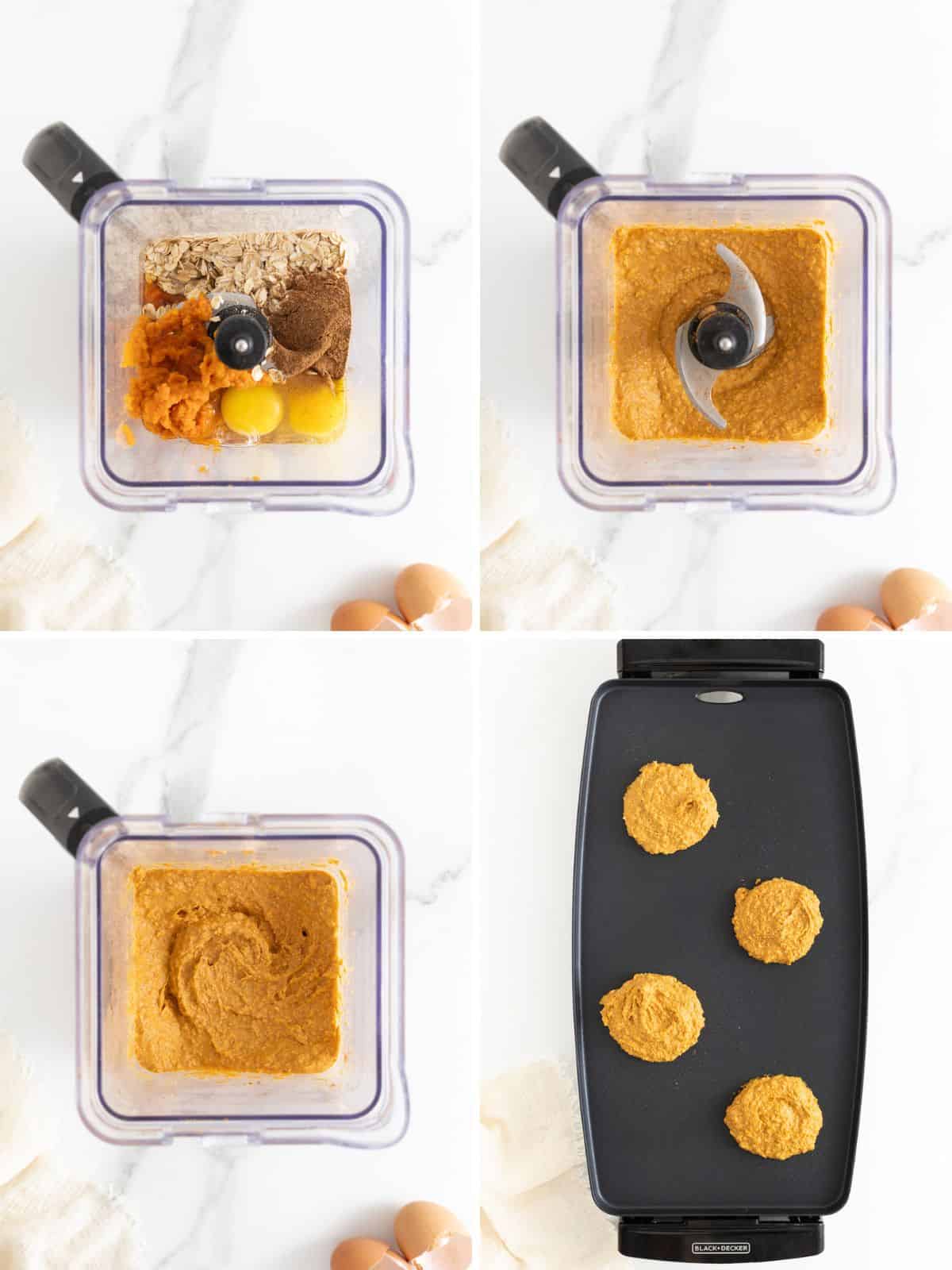 Steps to make pumpkin oatmeal blender pancakes.