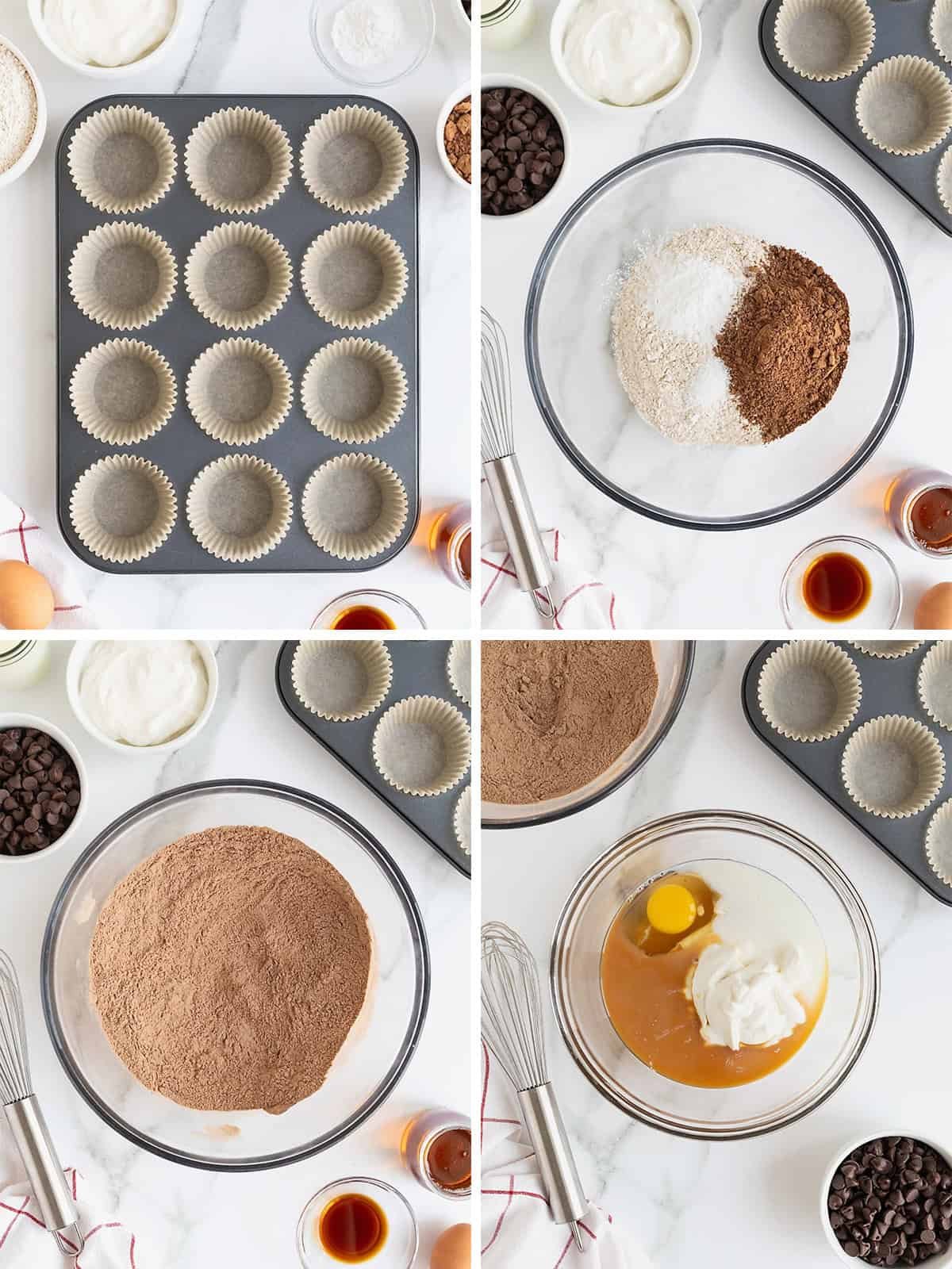 Steps to make healthier double chocolate muffins.
