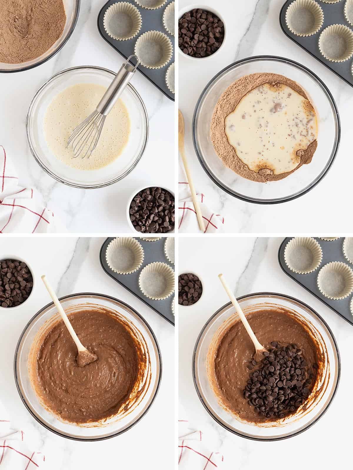 Steps to make healthier double chocolate muffins.