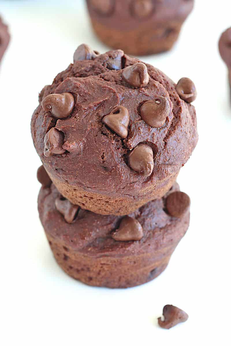 Healthier Chocolate Chocolate Chip Muffins - made with whole wheat flour, greek yogurt, no butter or oil, and sweetened with all-natural flavored cane syrup.