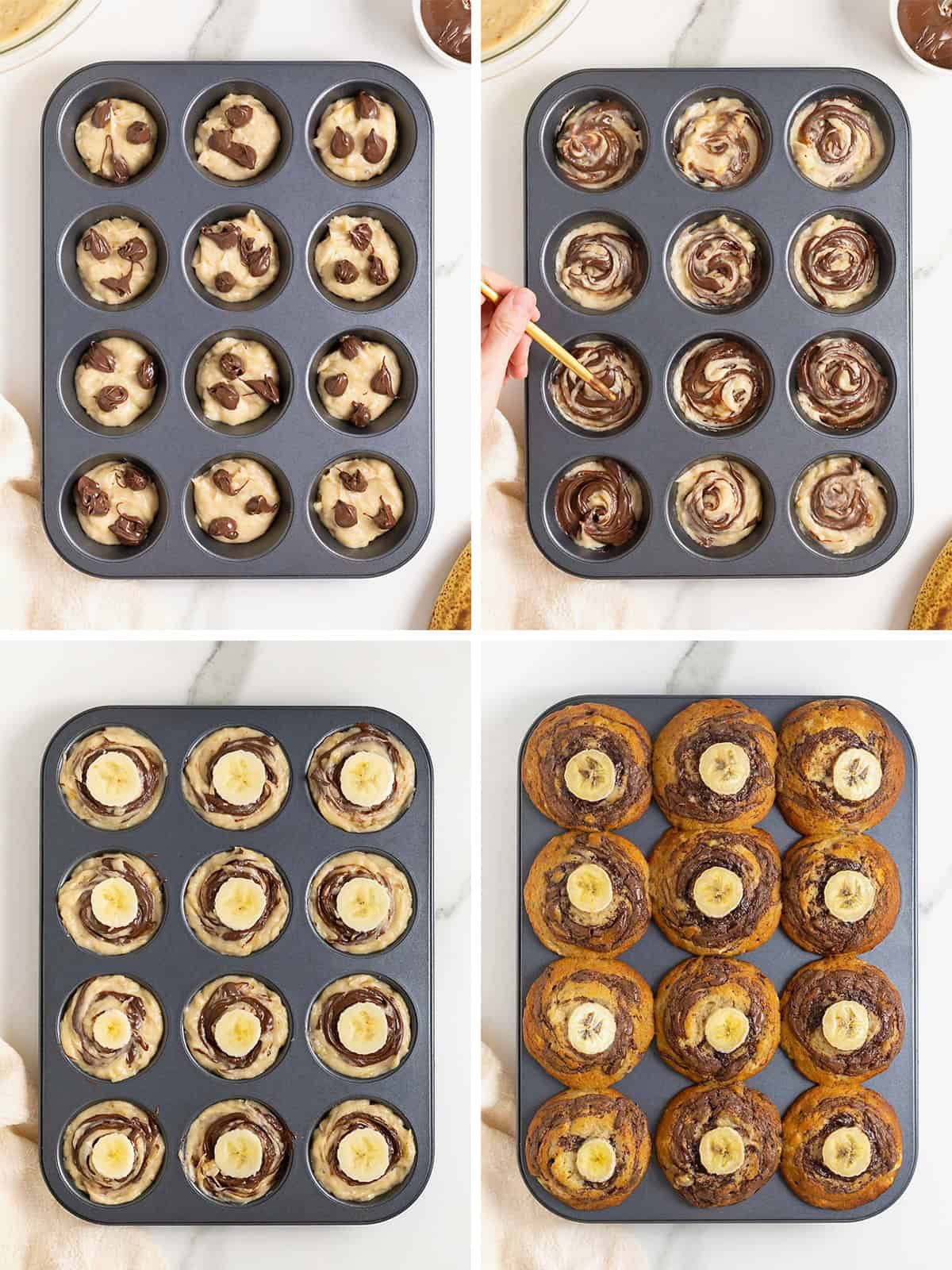 Steps to make nutella swirled banana muffins.