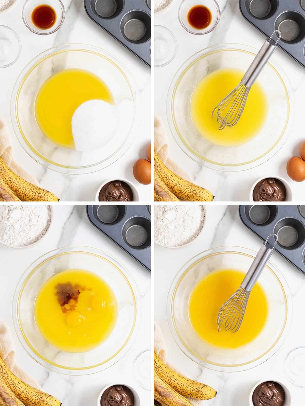 Steps to make Nutella swirled banana muffins.