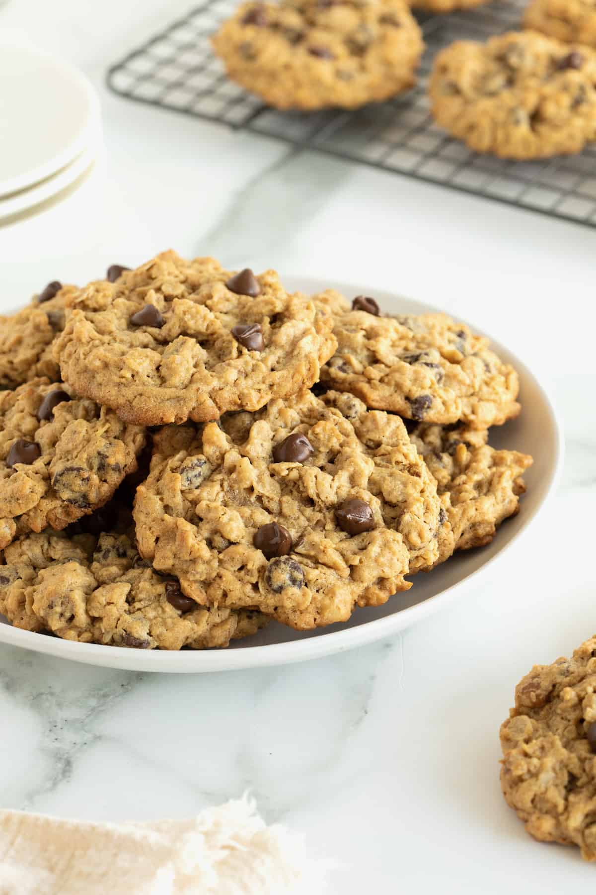 Flourless oatmeal chocolate chip cookies on a white porcelain plate.