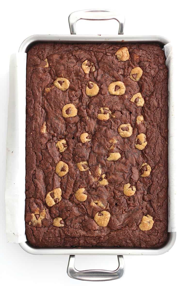 Brookies - chewy chocolate chip cookies baked right into fudgy brownies because why choose when you can have both in one?!