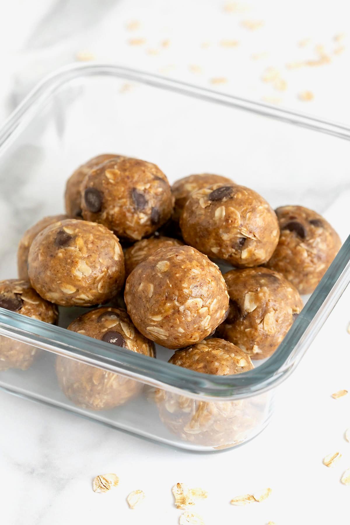 Lactation bites in a square glass storage container.