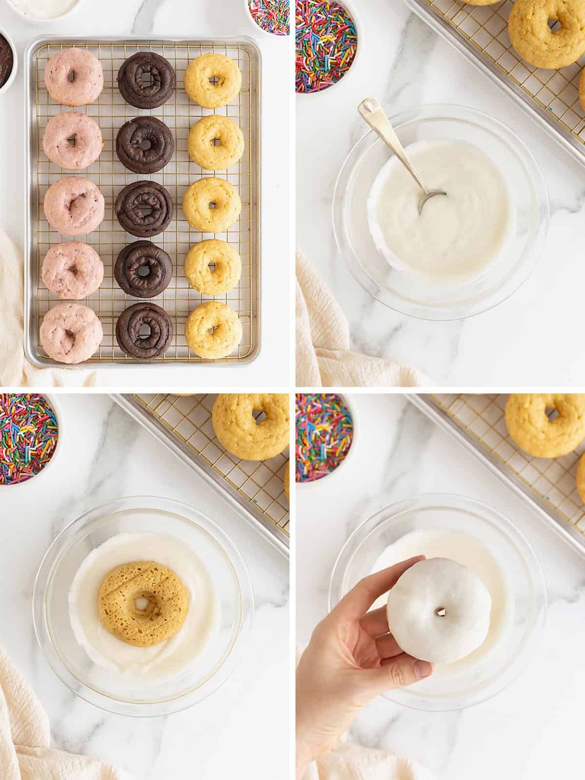 Steps to make cake mix donuts.