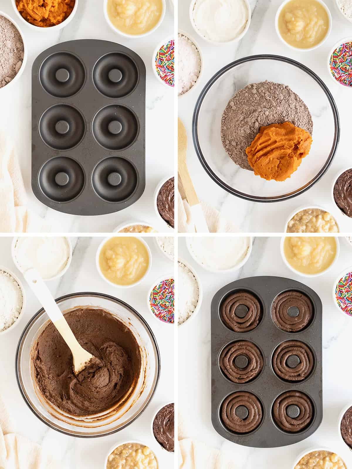 Steps to make Cake Mix Baked Cake Donuts.
