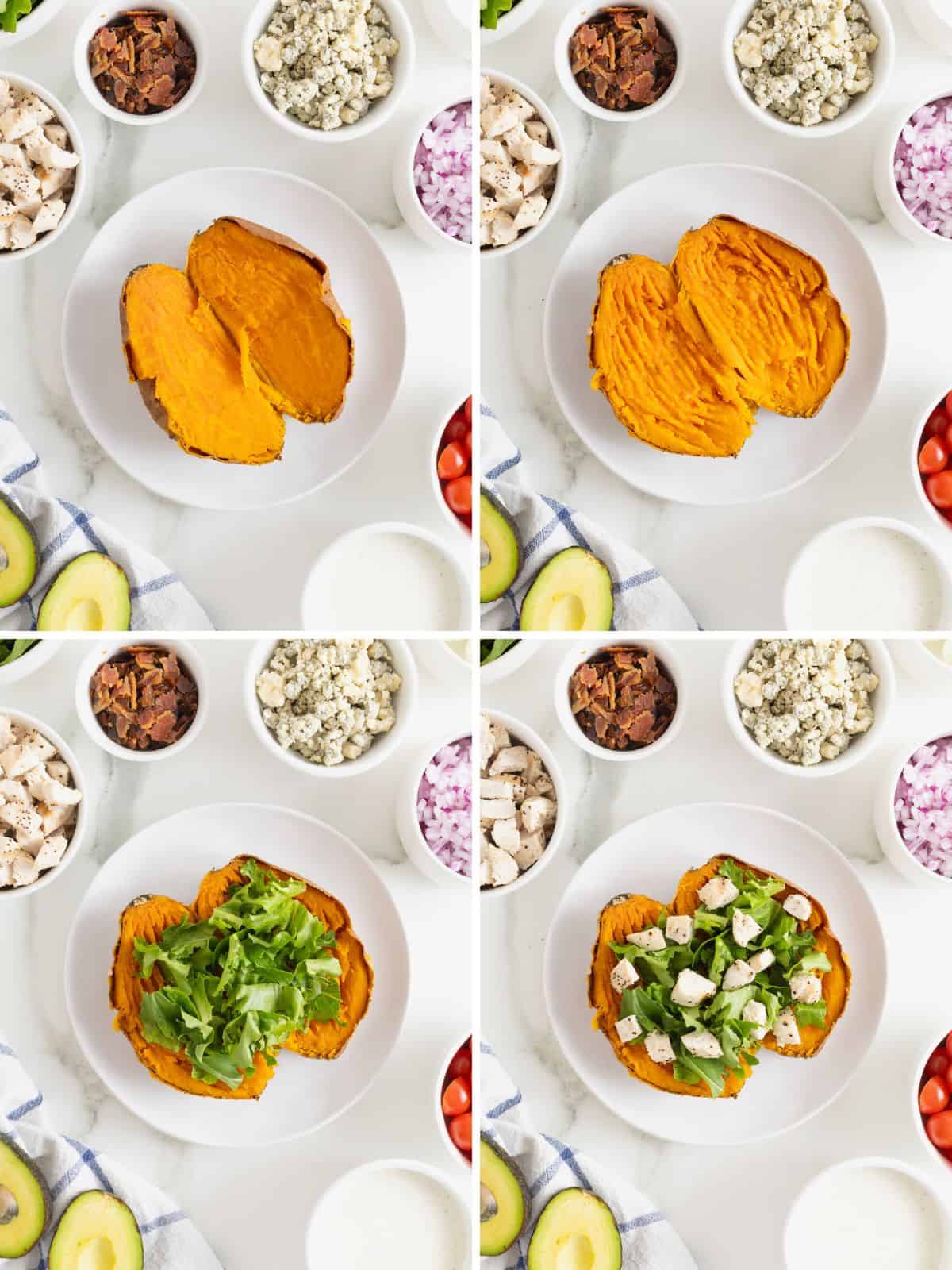 Steps to make a Cobb Salad Sweet Potato.
