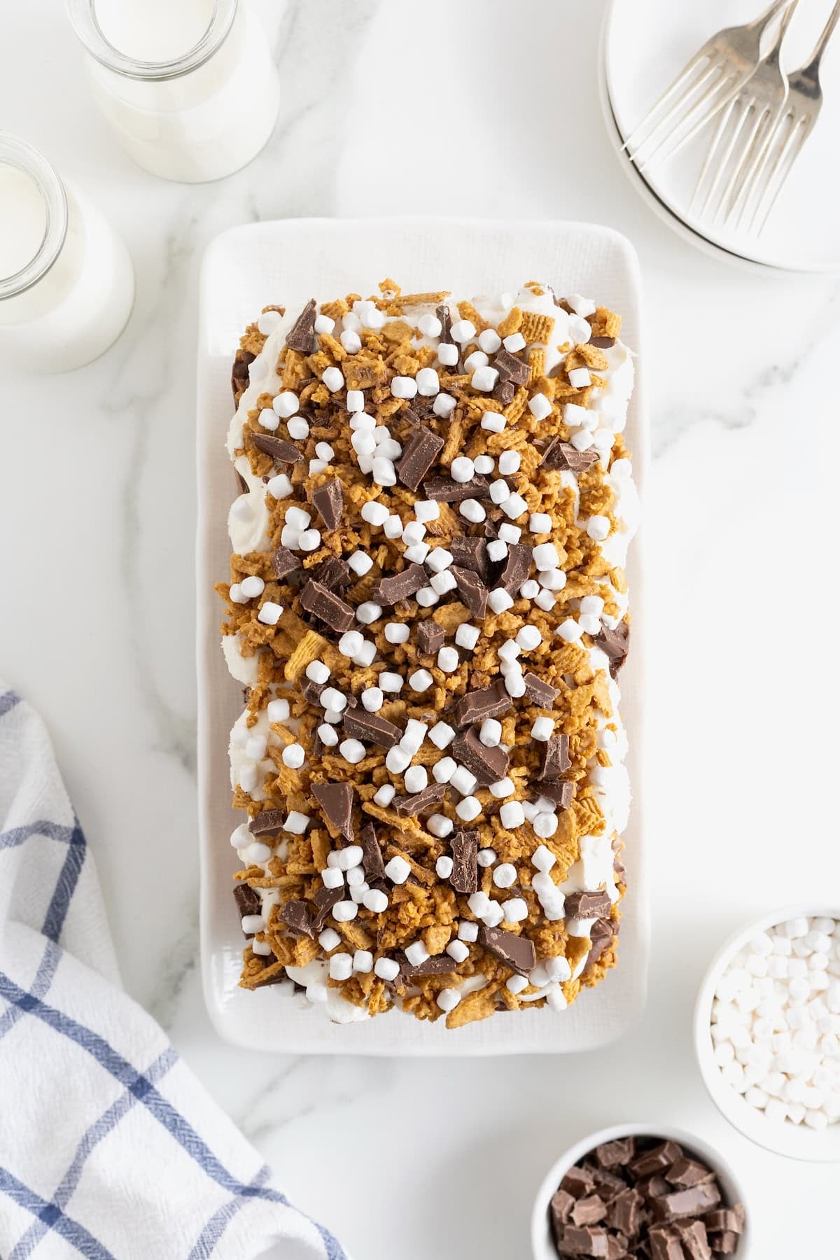 A view of a s'mores ice cream cake from above.