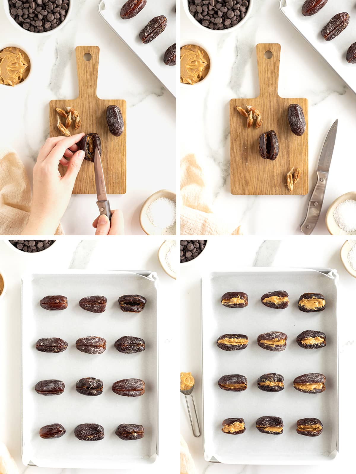 Steps for stuffing fresh dates with chunky peanut butter.