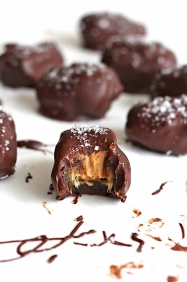 Dark Chocolate Covered Peanut Butter Stuffed Dates with Sea Salt