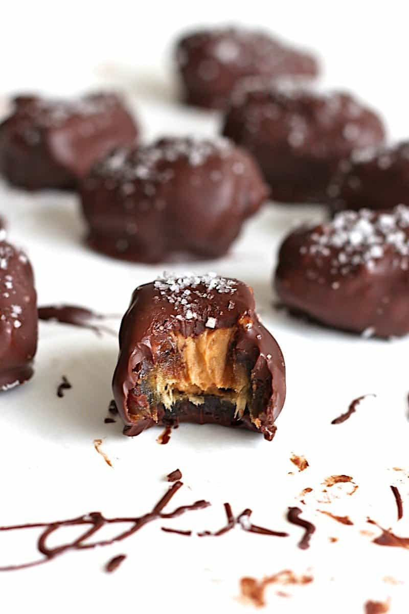 Dark Chocolate Covered Peanut Butter Stuffed Dates with Sea Salt