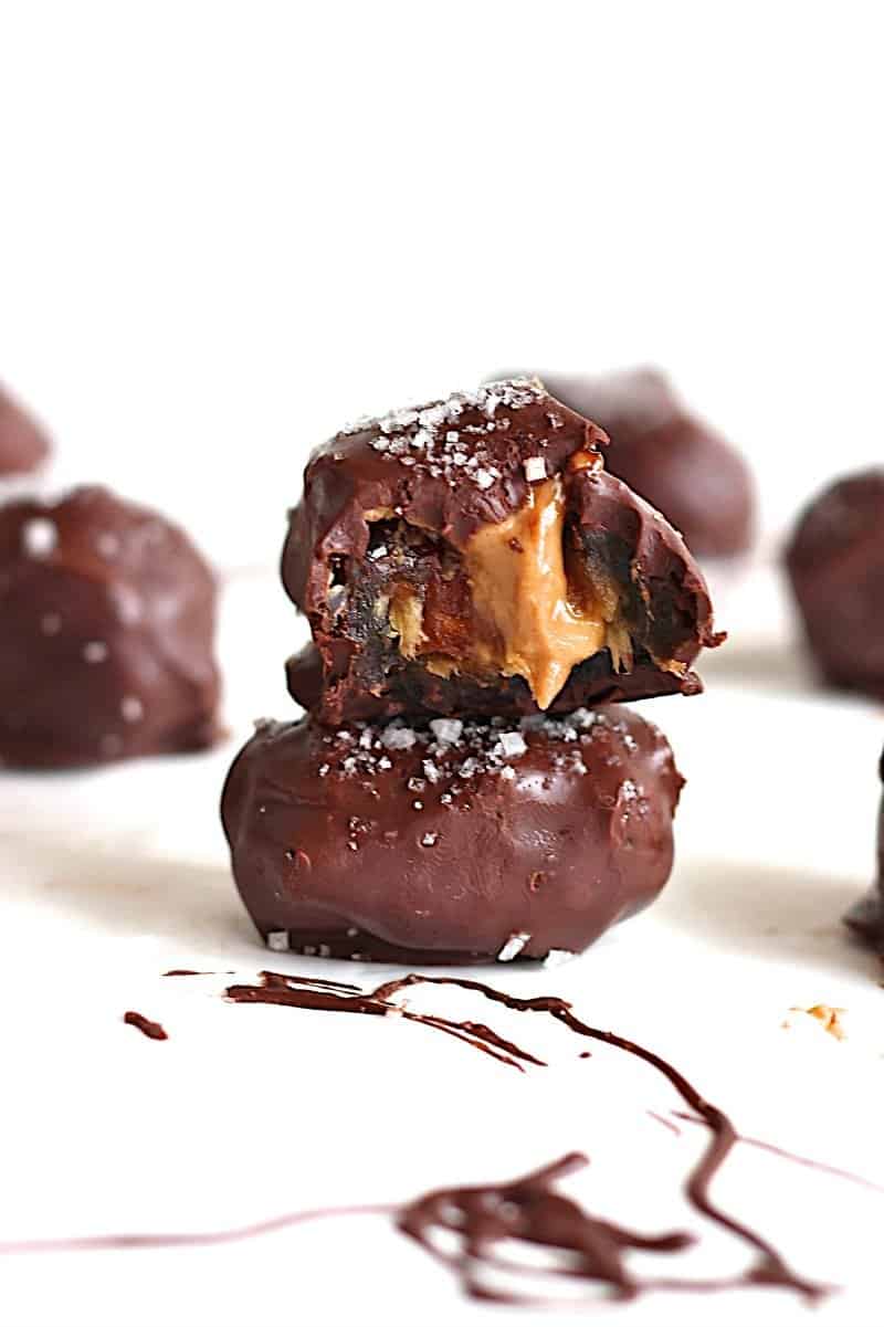 Dark Chocolate Covered Peanut Butter Stuffed Dates with Sea Salt