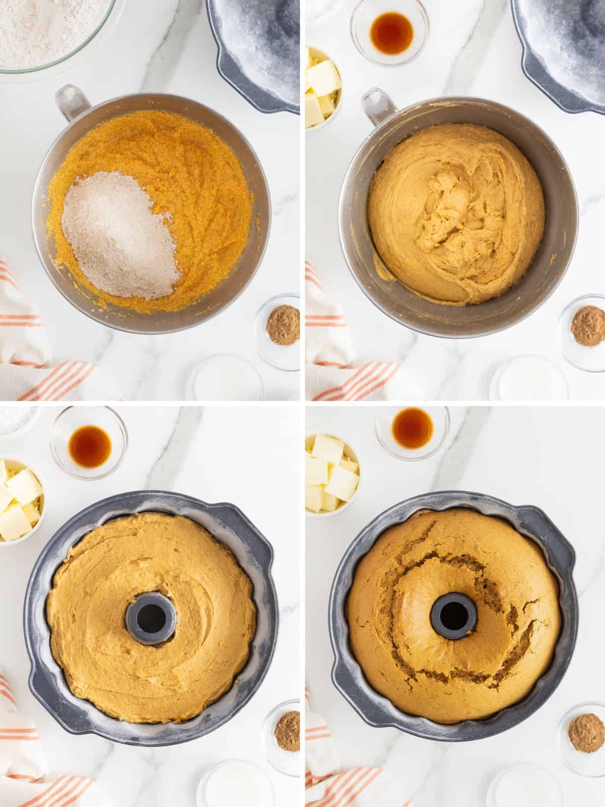 Steps to make chai spiced pumpkin pound cake.
