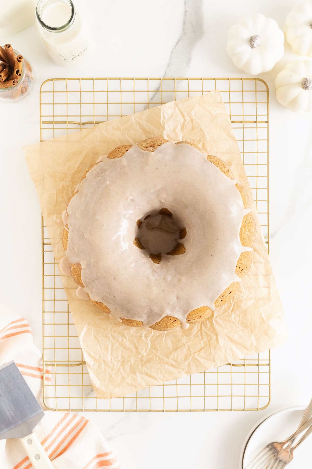 Glazing the chai spiced pumpkin pound cake.