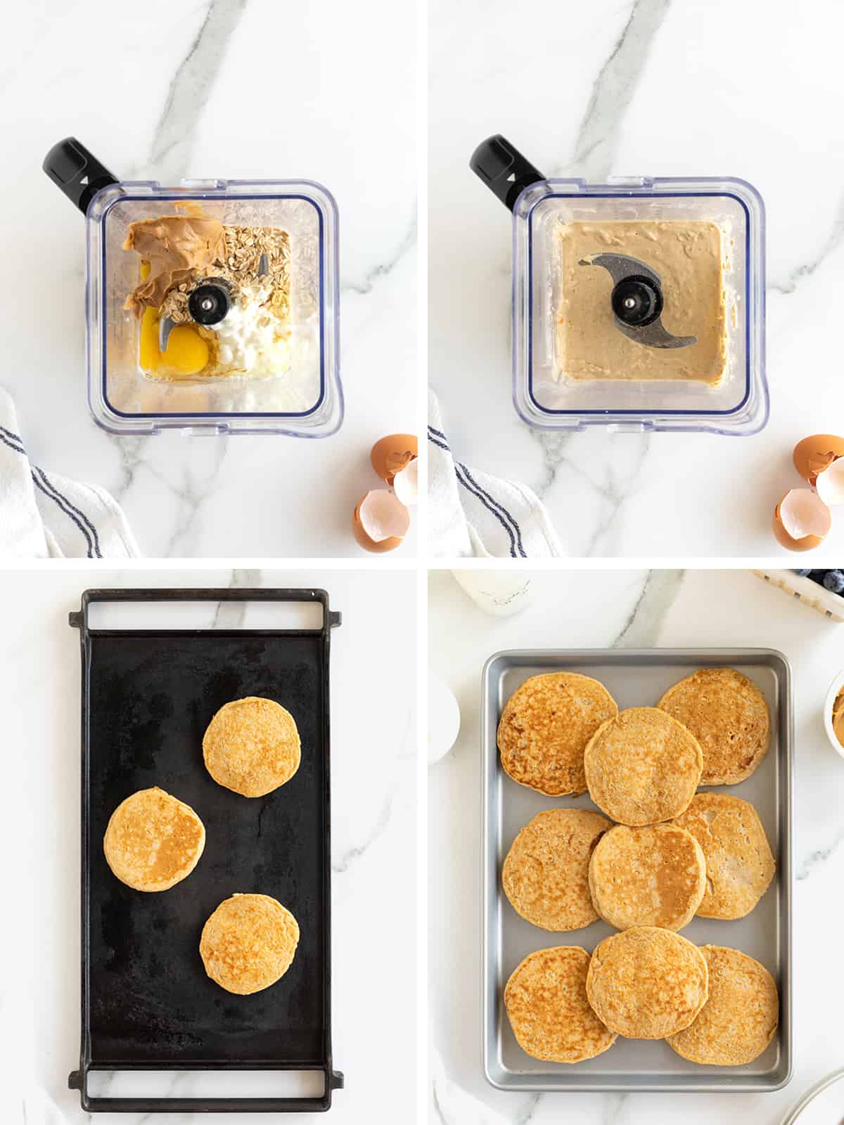 Steps to make flourless pancakes using a blender.