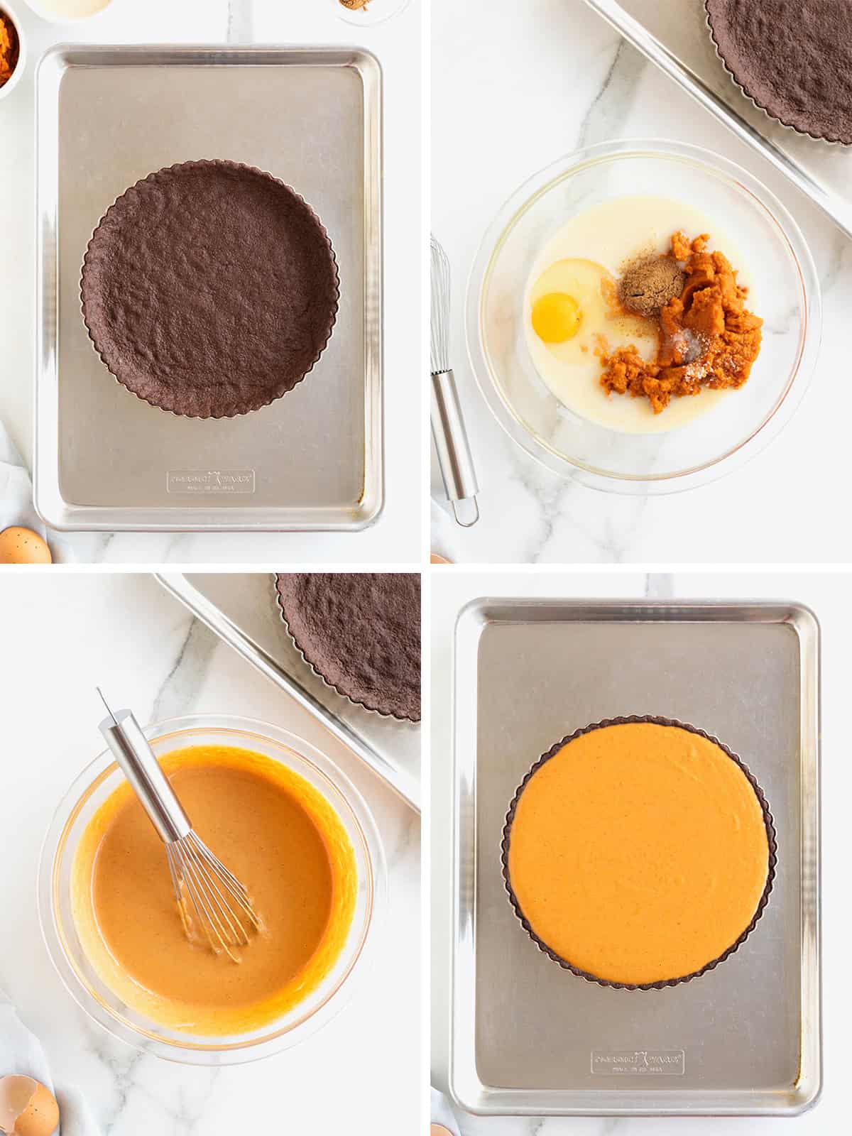 Steps to make a dark chocolate pumpkin tart.