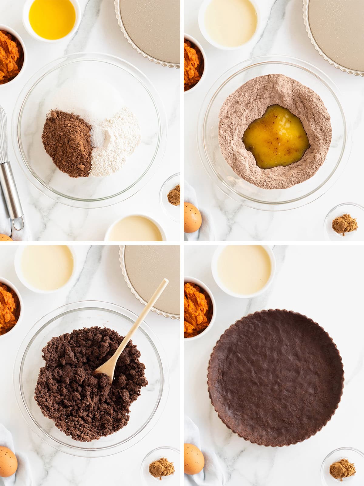 Steps to make a dark chocolate pumpkin tart.