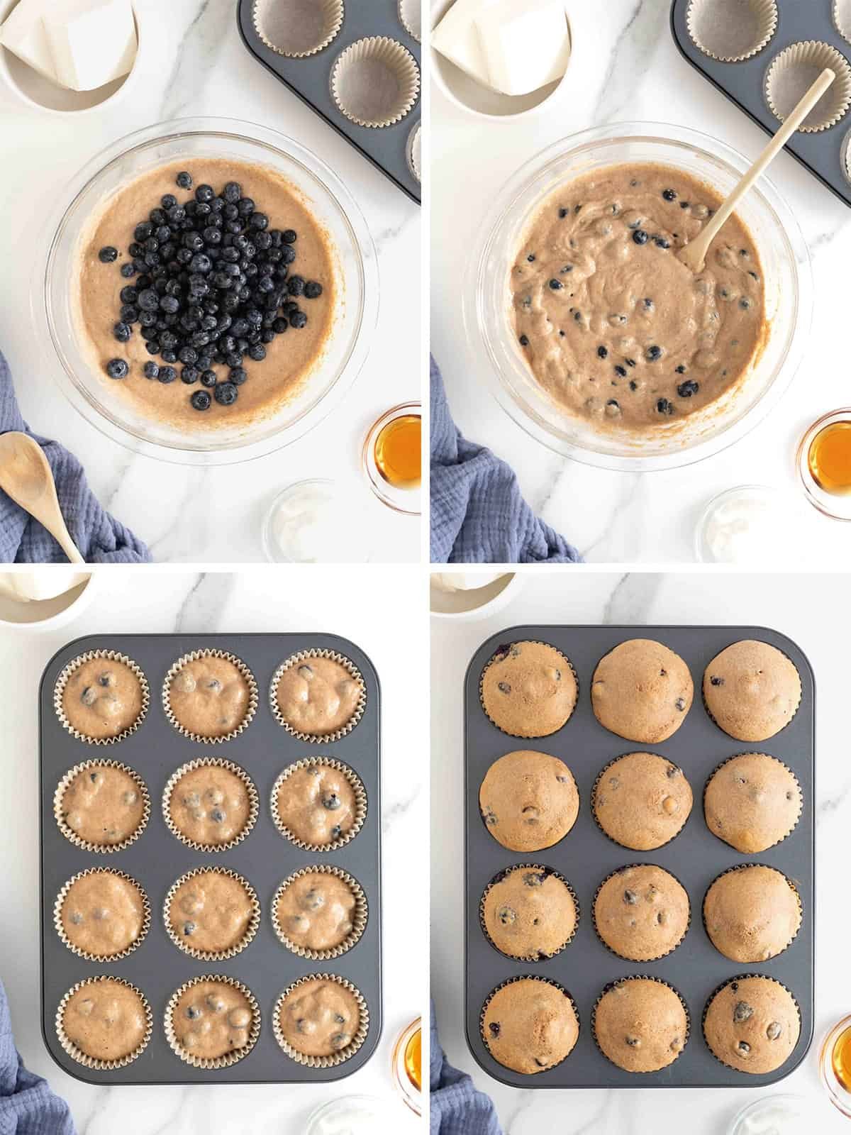 Steps to make whole wheat blueberry breakfast cupcakes.