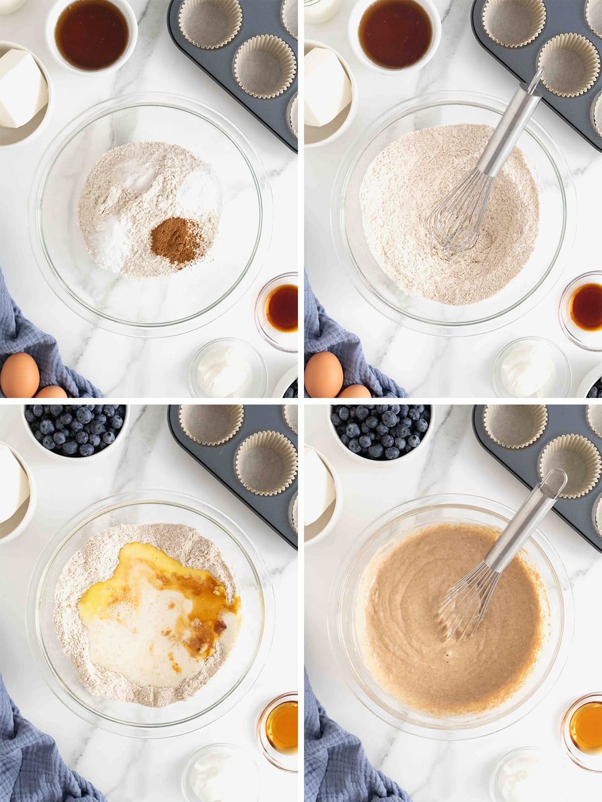 Steps to make whole wheat blueberry breakfast cupcakes.