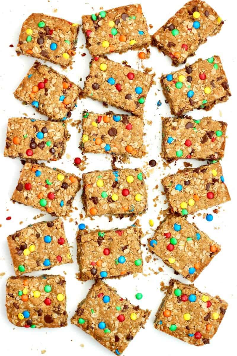 Gluten Free Oatmeal M&M Cookie Bars - Laura's Gluten Free Kitchen