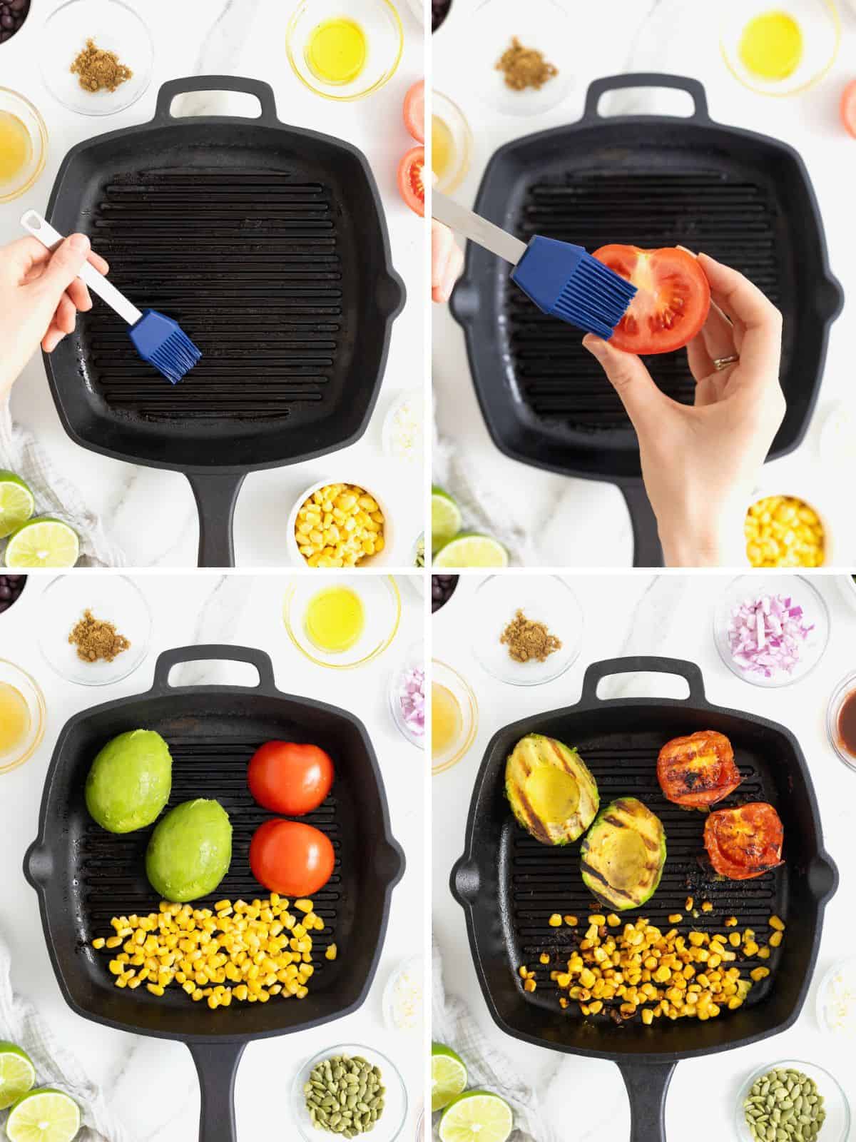 Steps to make a grilled avocado and tomato salad.