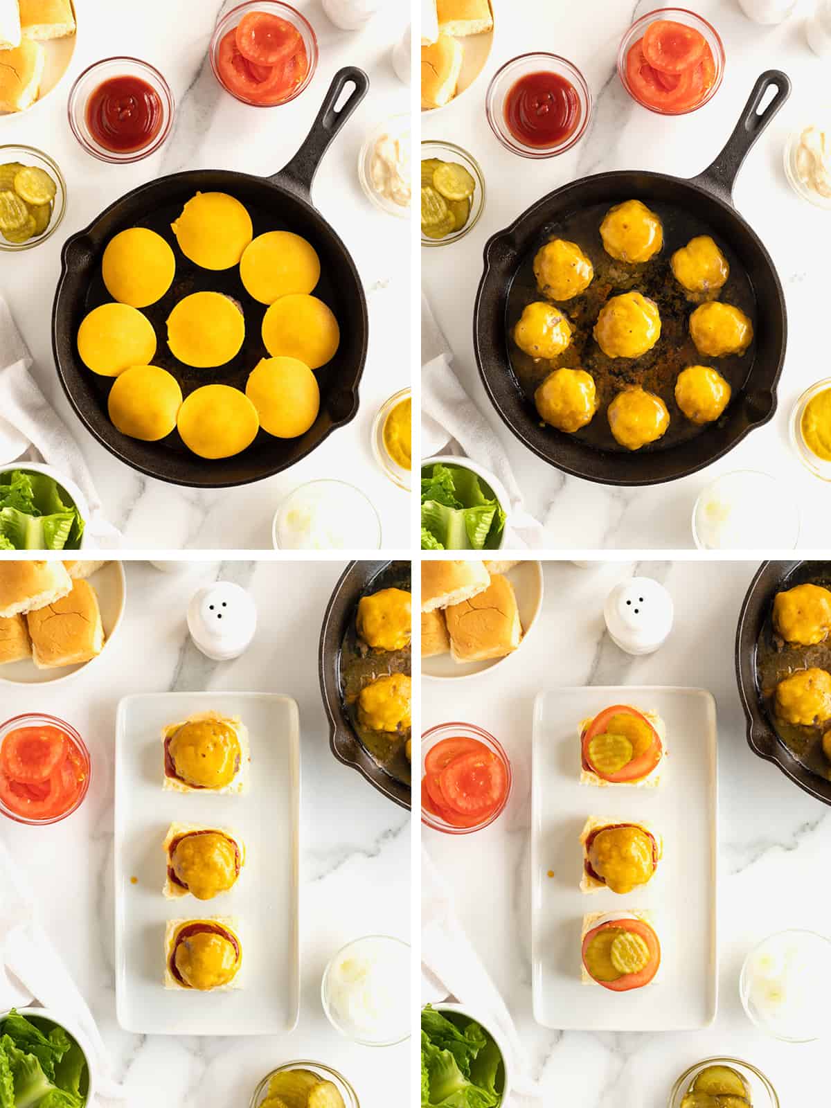 Steps to make mini cheeseburgers in a skillet.