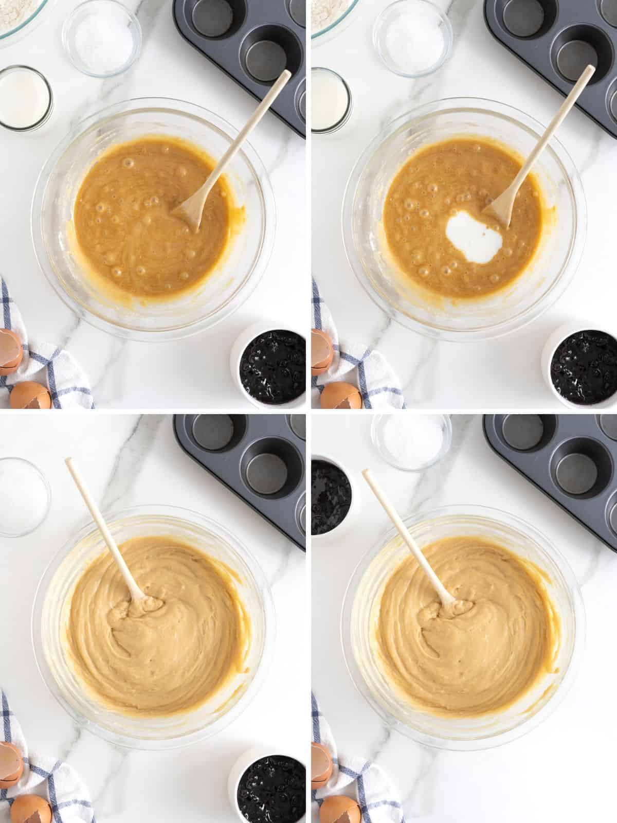 Steps to make blueberry swirl muffins.