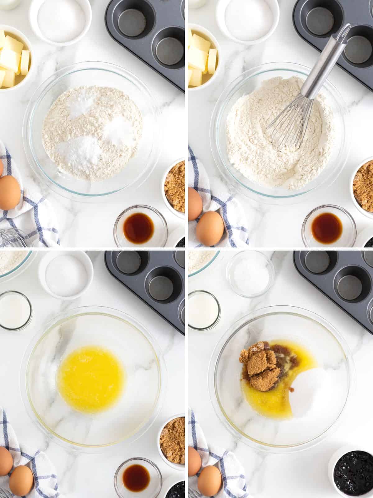 Steps to make blueberry swirl muffin batter.