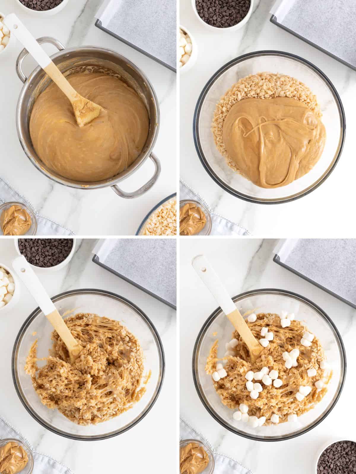 Steps to make Peanut Butter Chocolate Chip Rice Krispies Treats.