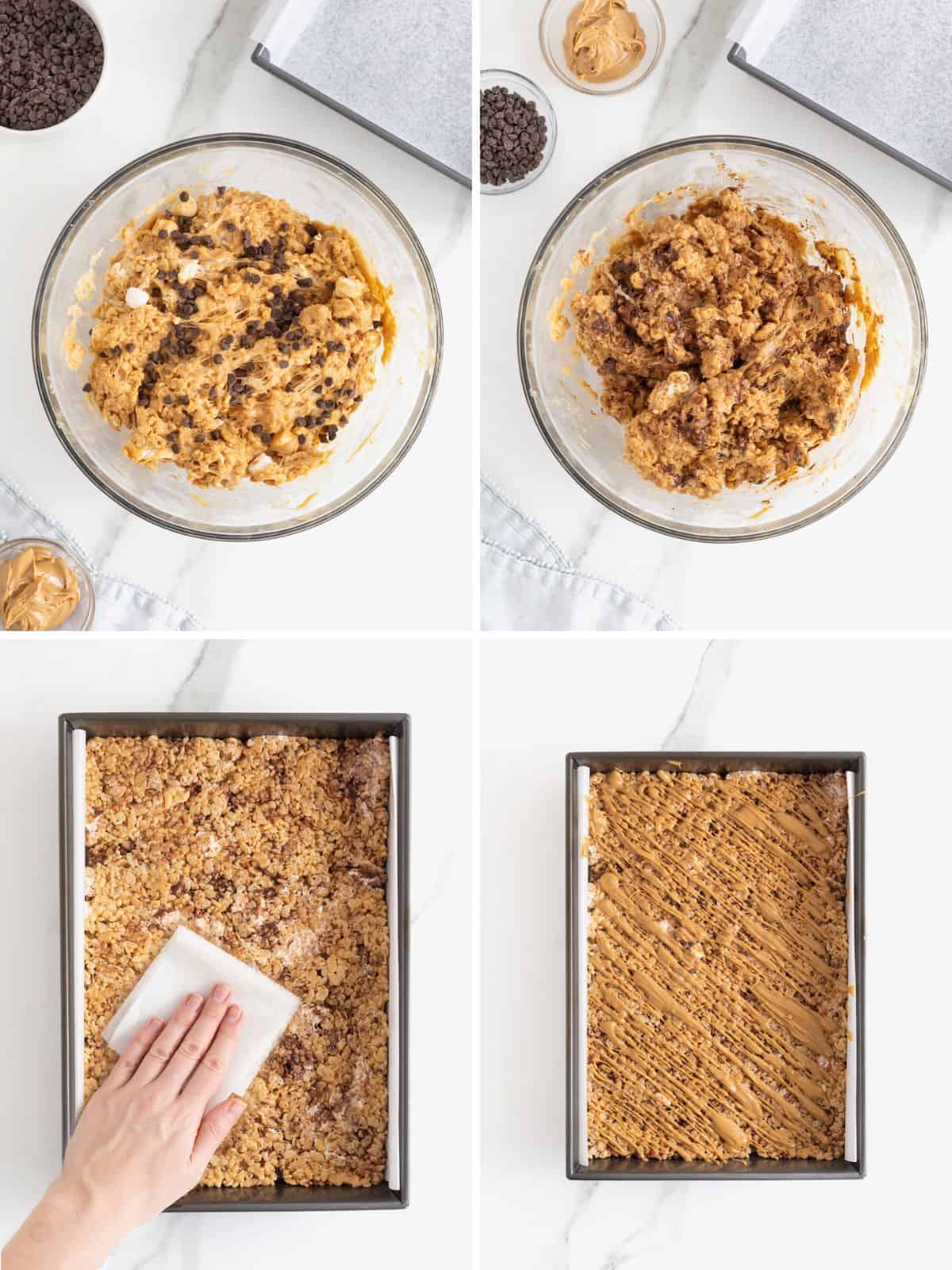 Steps to make Peanut Butter Chocolate Chip Rice Krispies Treats.