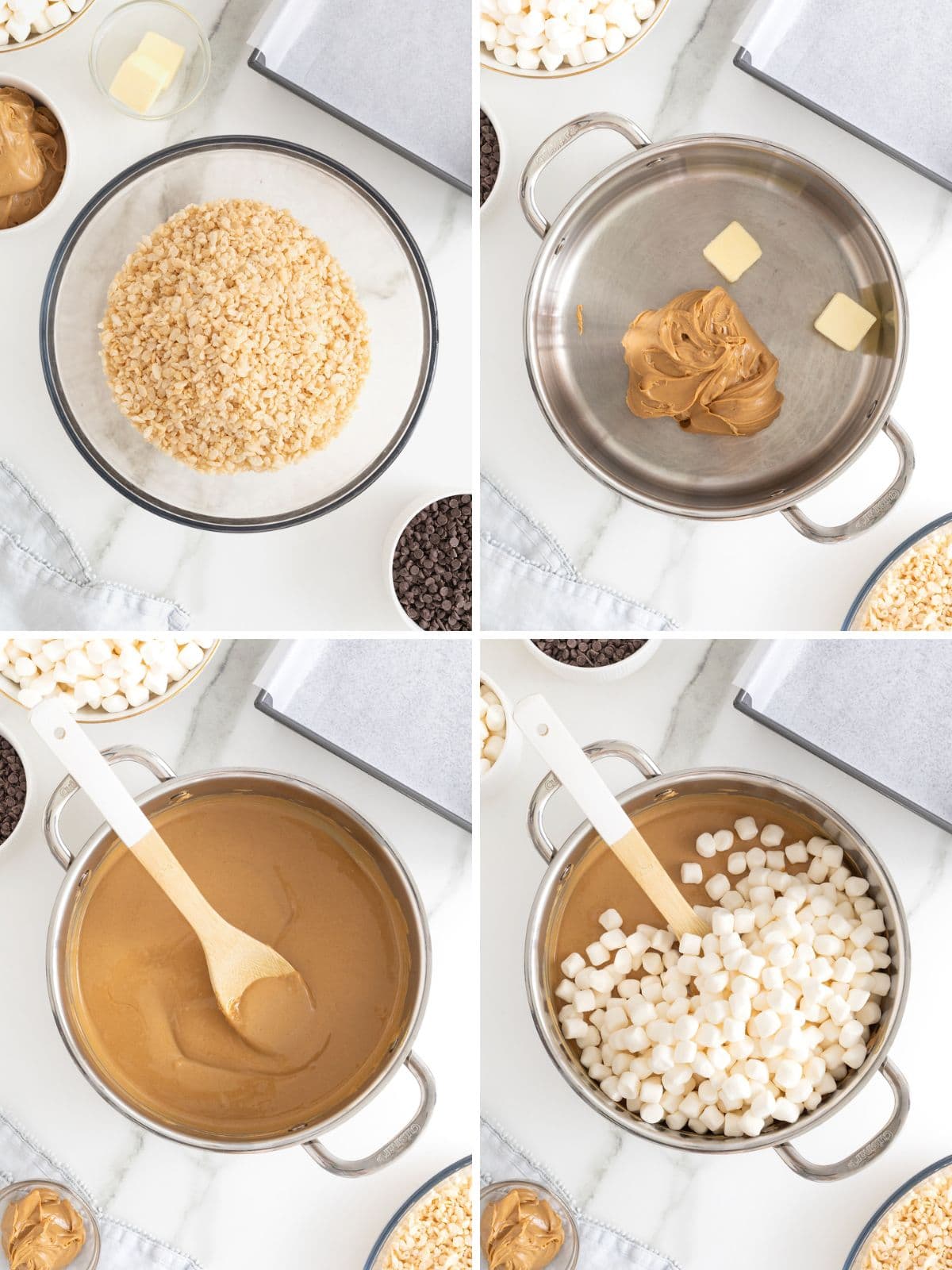 Steps to make peanut butter chocolate chip Rice Krispies treats.