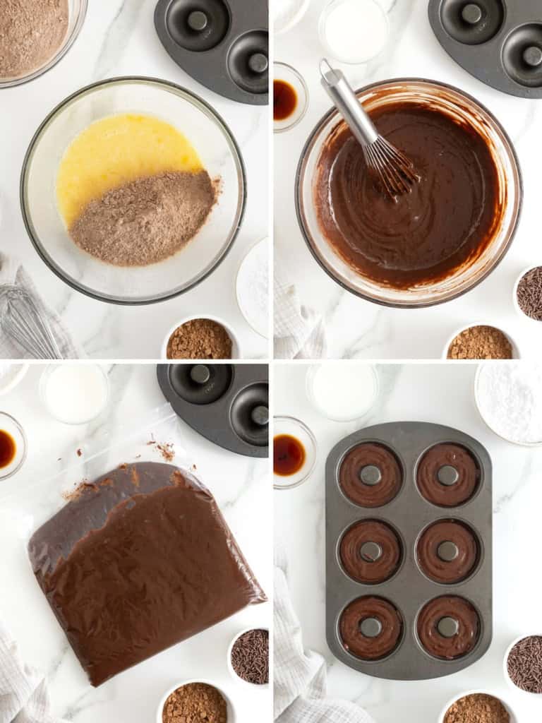 Steps to make chocolate baked donuts.