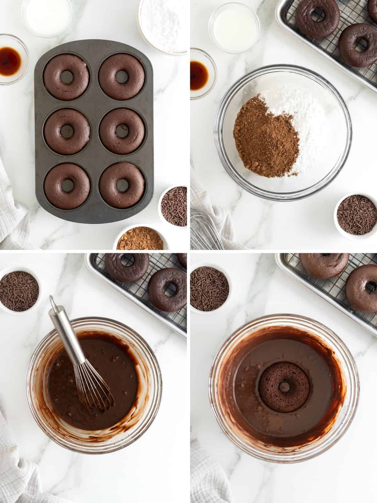 Steps to make triple chocolate donuts.