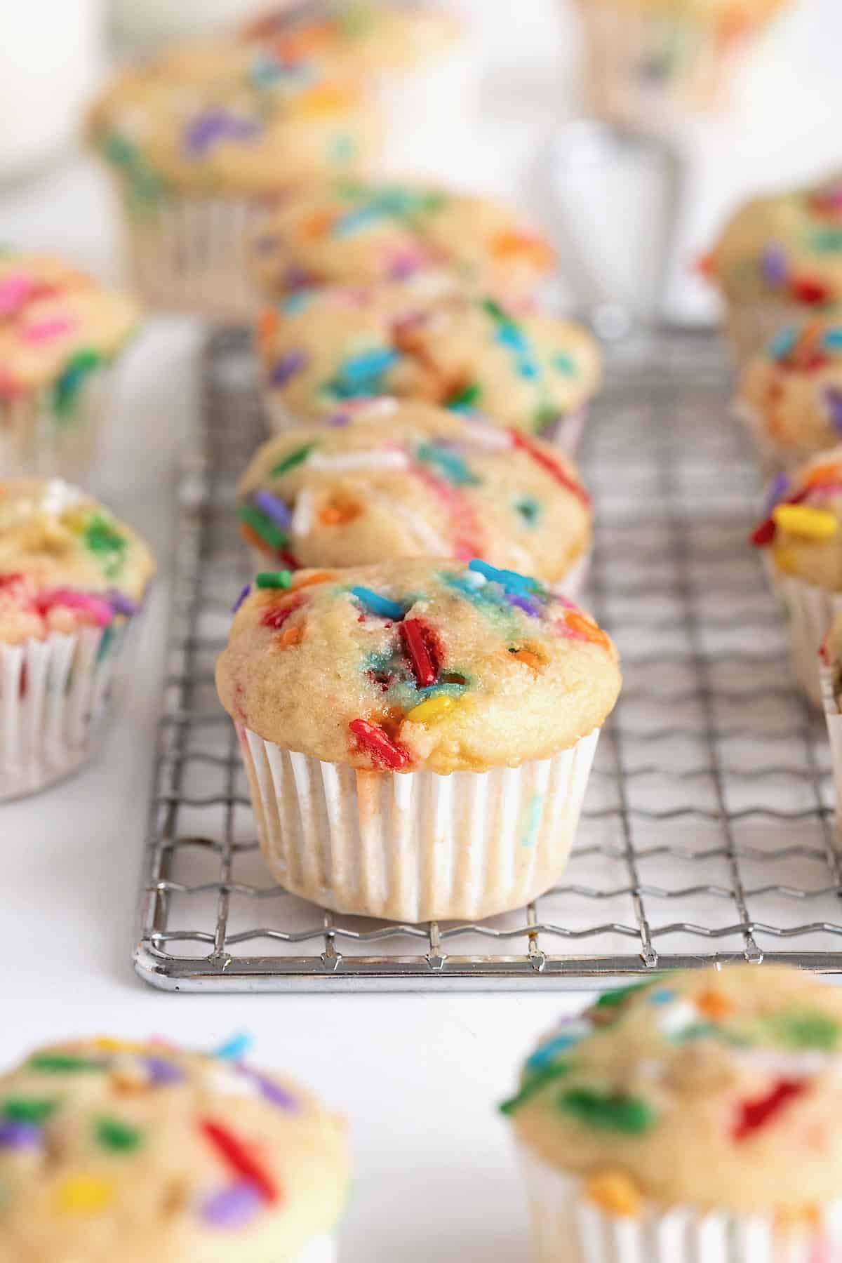 Confetti mini muffins on a metal cooling rack.