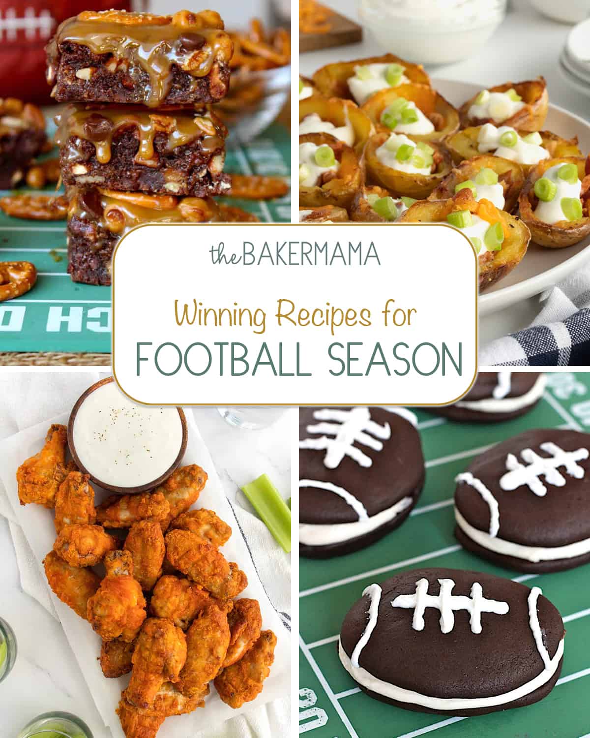 Touchdown brownies, mini potato skins, baked chicken wings and football whoopee pies.