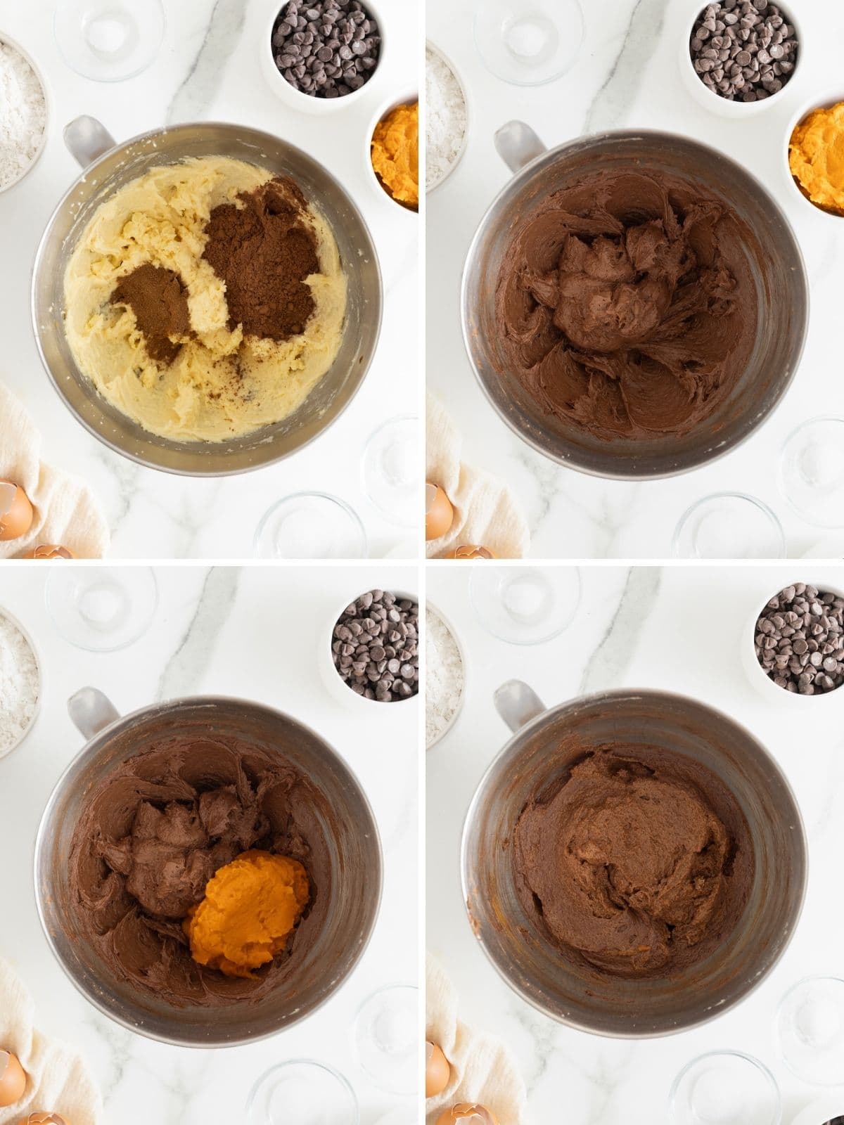 Steps to make triple chocolate pumpkin cookies.
