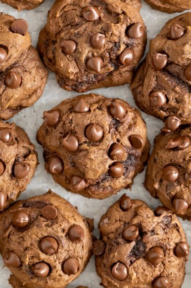 Eight triple chocolate pumpkin cookies studded with chocolate chips on top.