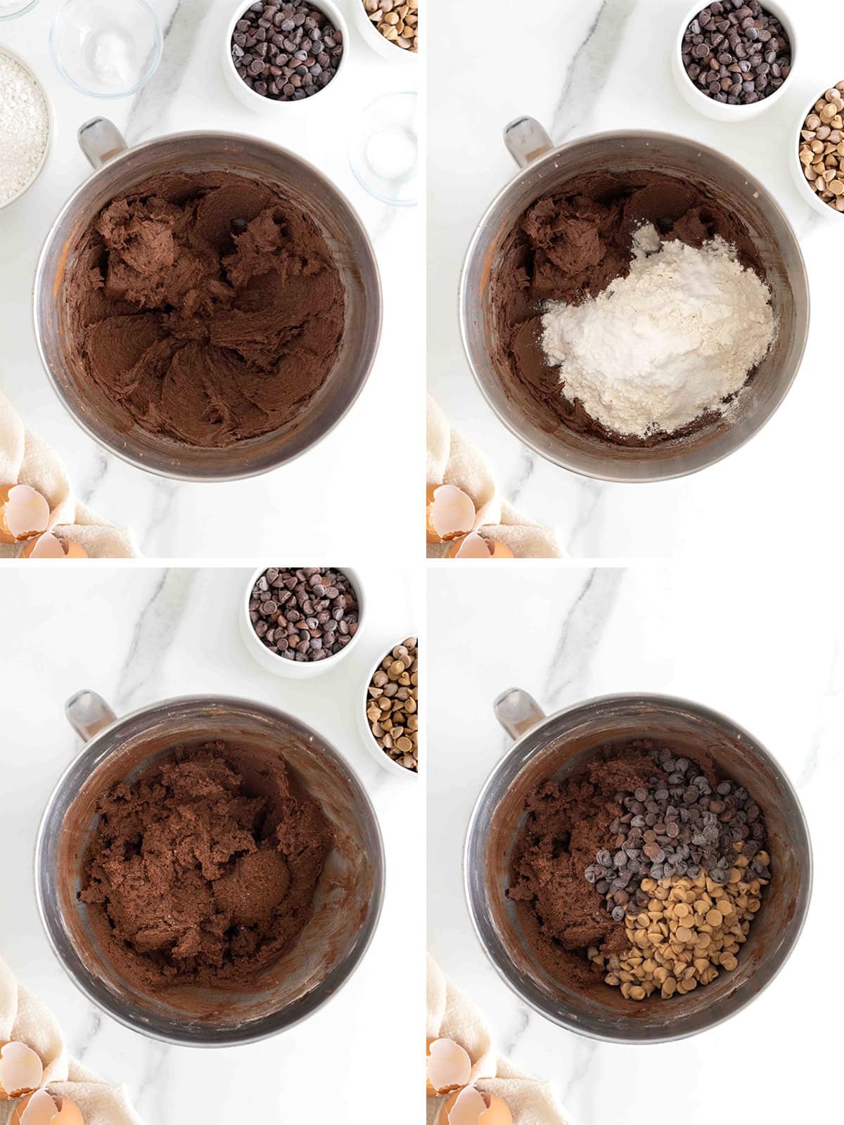 Steps to make chocolate peanut butter chip cookies.