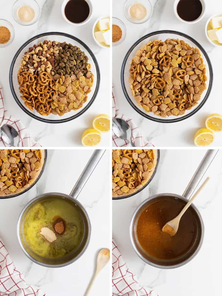 Steps to make a savory 
cereal snack mix with nuts and pretzels.