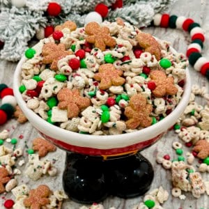 Christmas Crunch Snack mix in a festive Santa Claus bowl.
