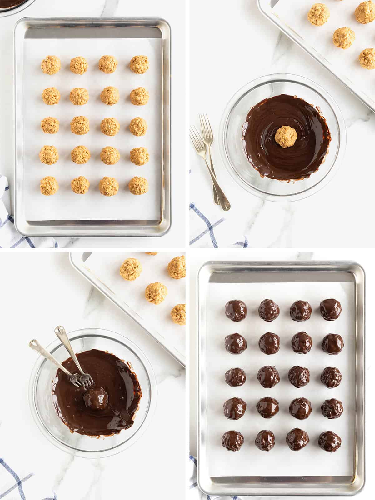 Steps to make dark chocolate peanut butter balls.