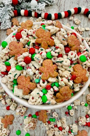A bowl of Christmas Crunch Mix.