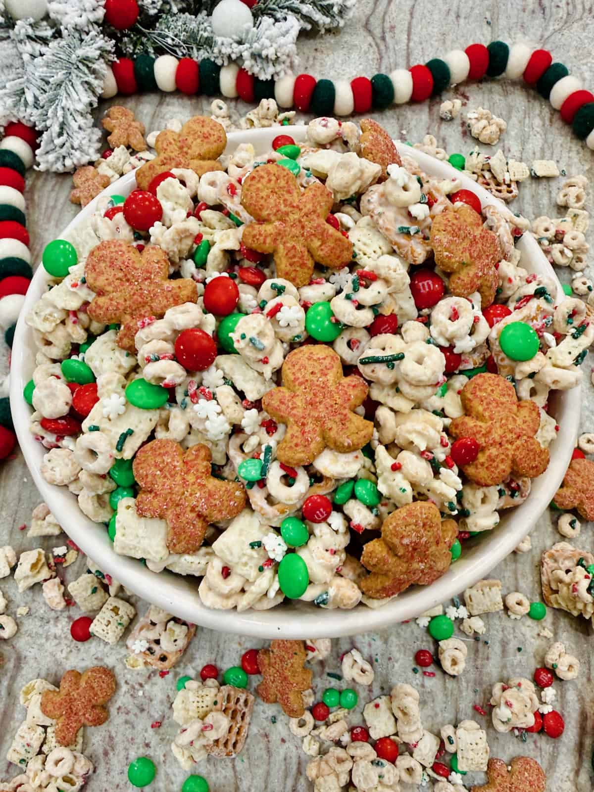 A bowl of Christmas Crunch Mix.