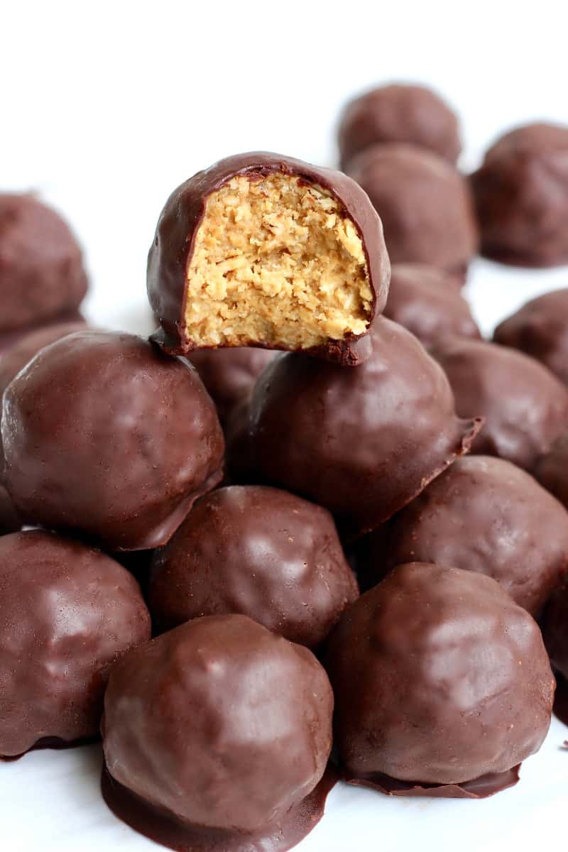 Healthy 5-Ingredient Dark Chocolate Peanut Butter Balls - The BakerMama