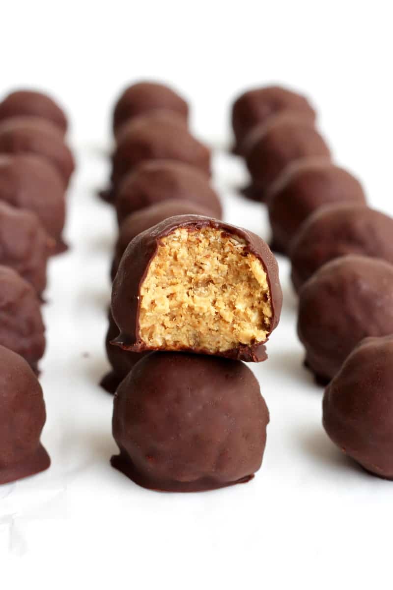 Healthy 5-Ingredient Dark Chocolate Peanut Butter Balls - The BakerMama