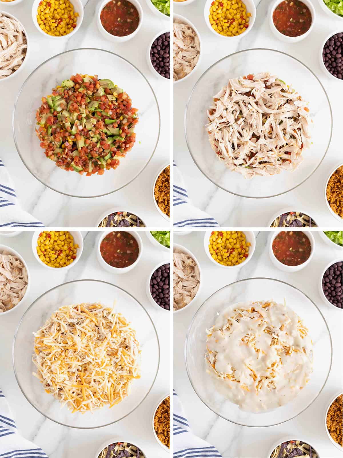 Steps to make a layered chicken taco salad.