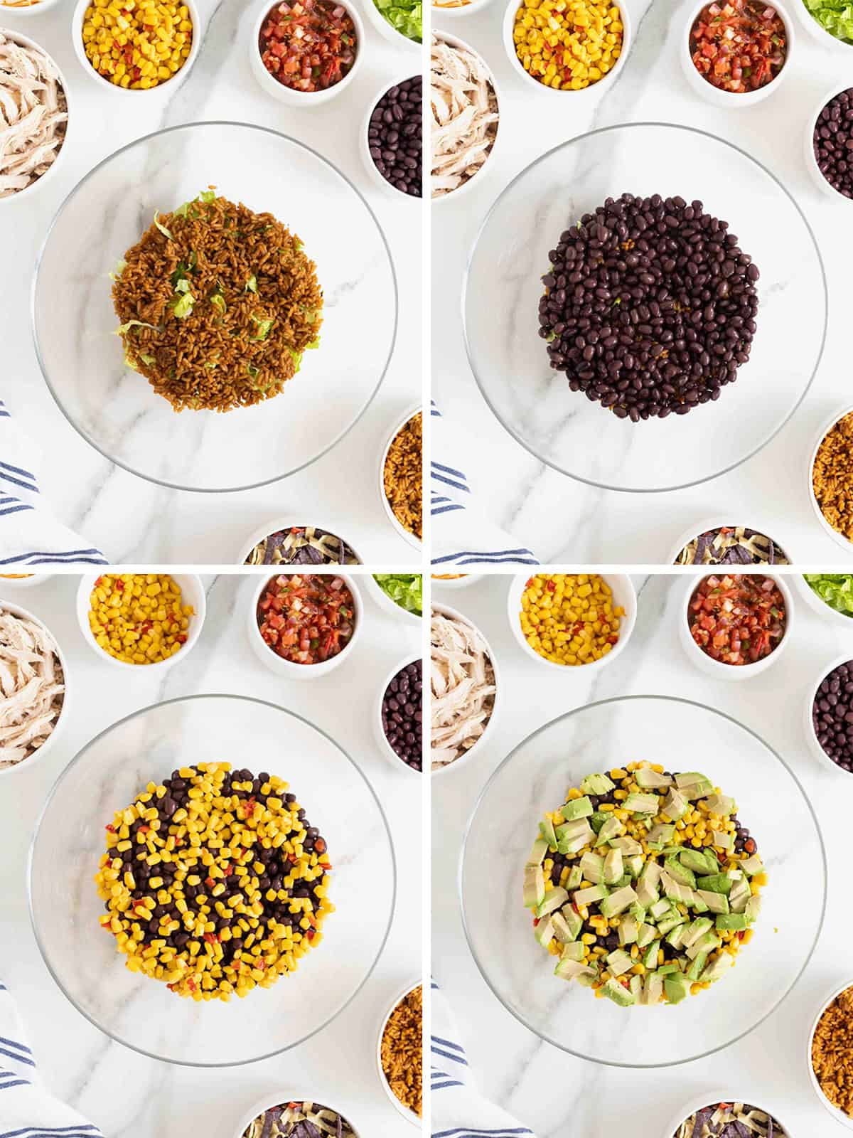 Steps to make a layered chicken taco salad.