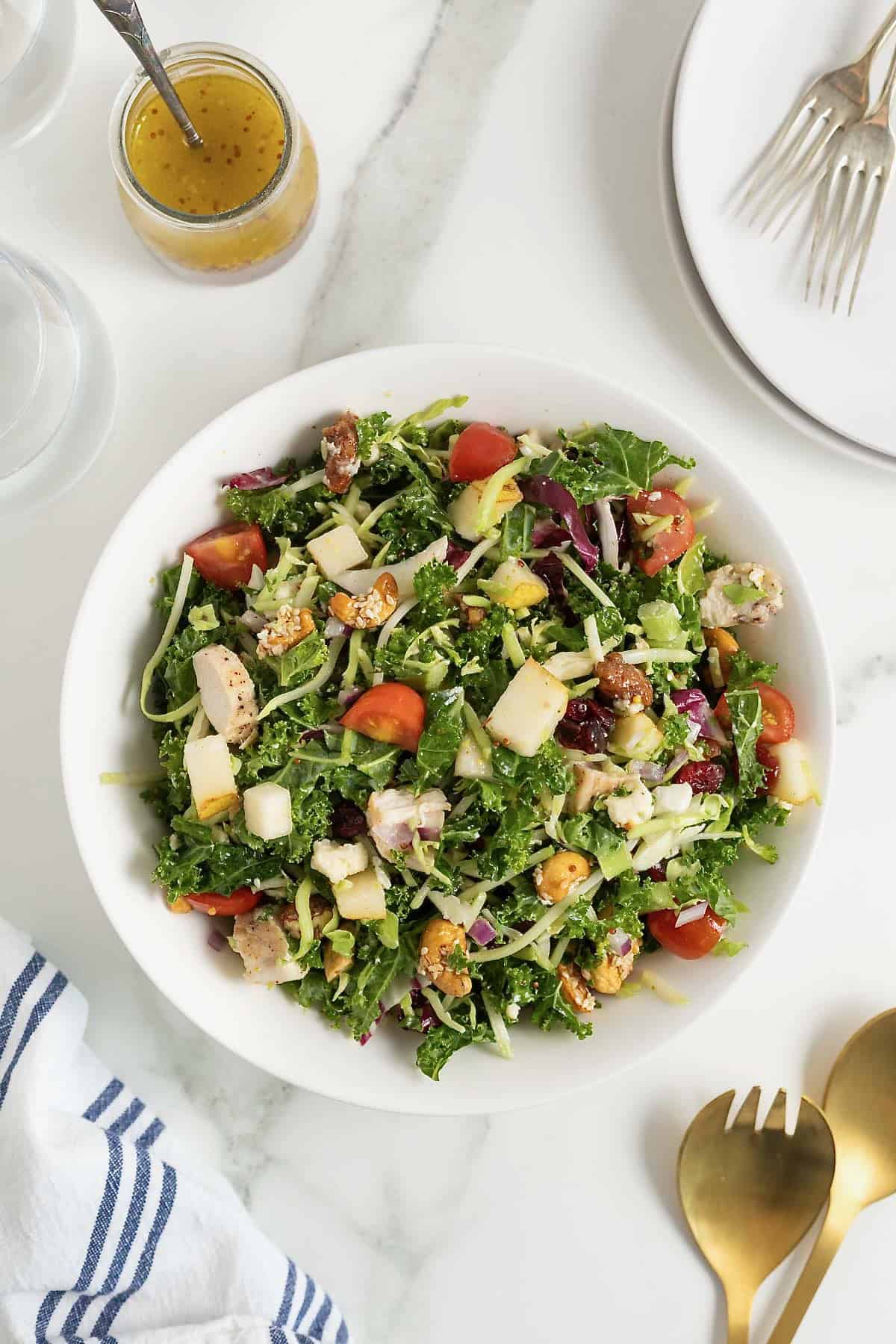 A large white bowl of green salad with cut up tomatoes, shredded cheese and chunks of chicken.